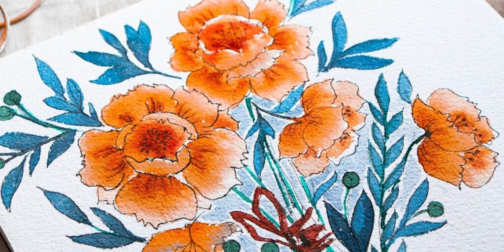 Floral painting with watch and bracelet nearby.