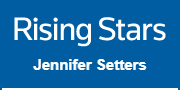A blue square with the words " rising stars " written in white.