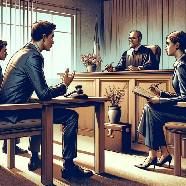 A painting of four people in a courtroom