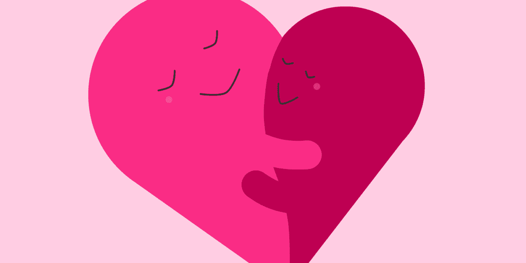 Two hearts hugging with smiling faces.