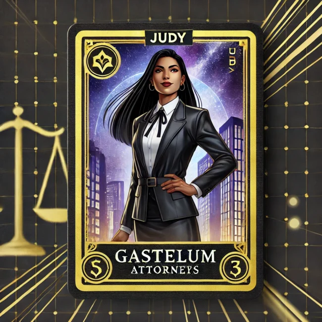 A card with a woman in a suit and tie.