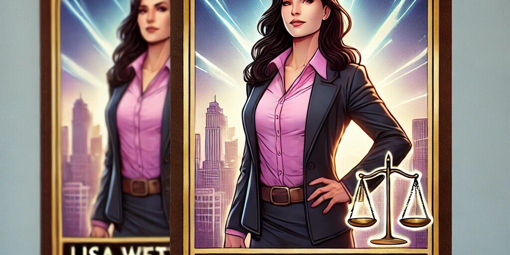 A pair of cards with the image of a woman holding a scale.