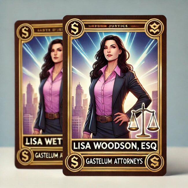 A pair of cards with the image of a woman holding a scale.