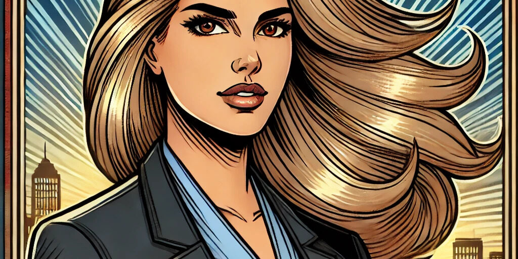 A woman with long blonde hair is standing in front of the city.