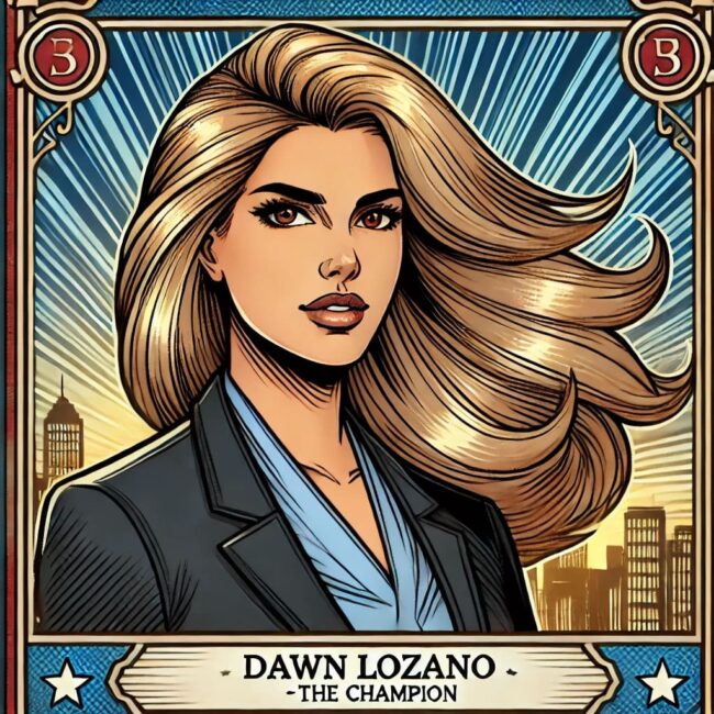 A woman with long blonde hair is standing in front of the city.