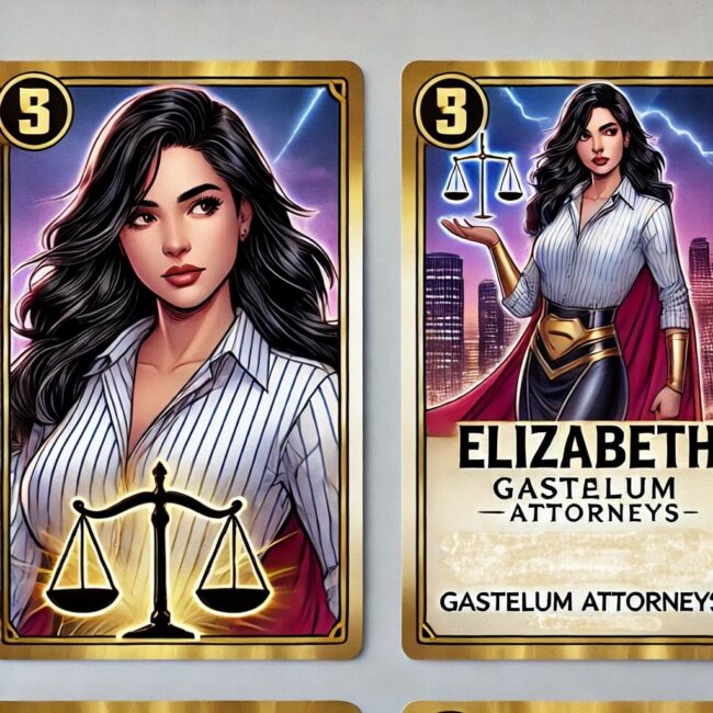 A card game with two cards and one of the cards has a woman holding a scale.