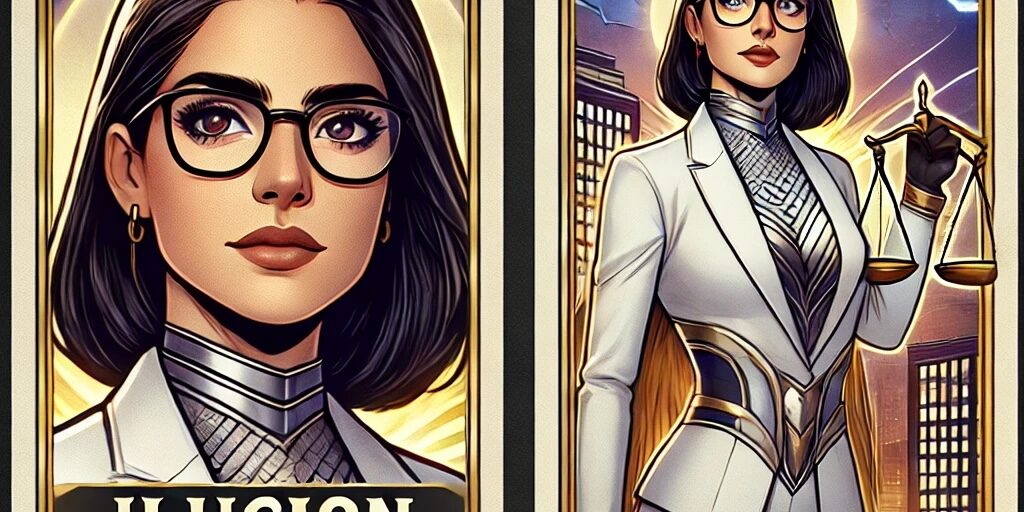 A woman with glasses and a white suit is on the left side of two cards.