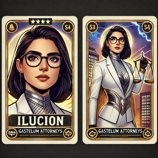 A woman with glasses and a white suit is on the left side of two cards.