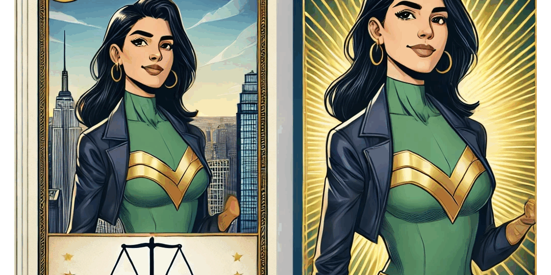 Illustration of Diana, a superhero with a justice theme, in green and gold costume.