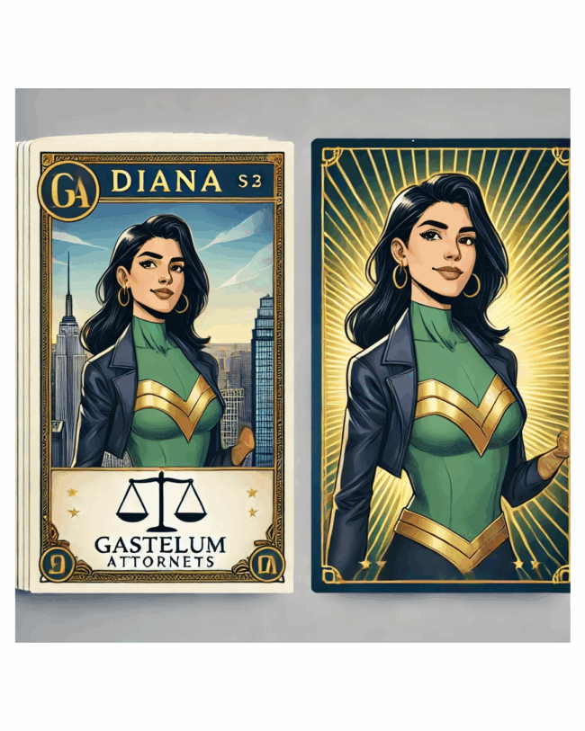 Illustration of Diana, a superhero with a justice theme, in green and gold costume.
