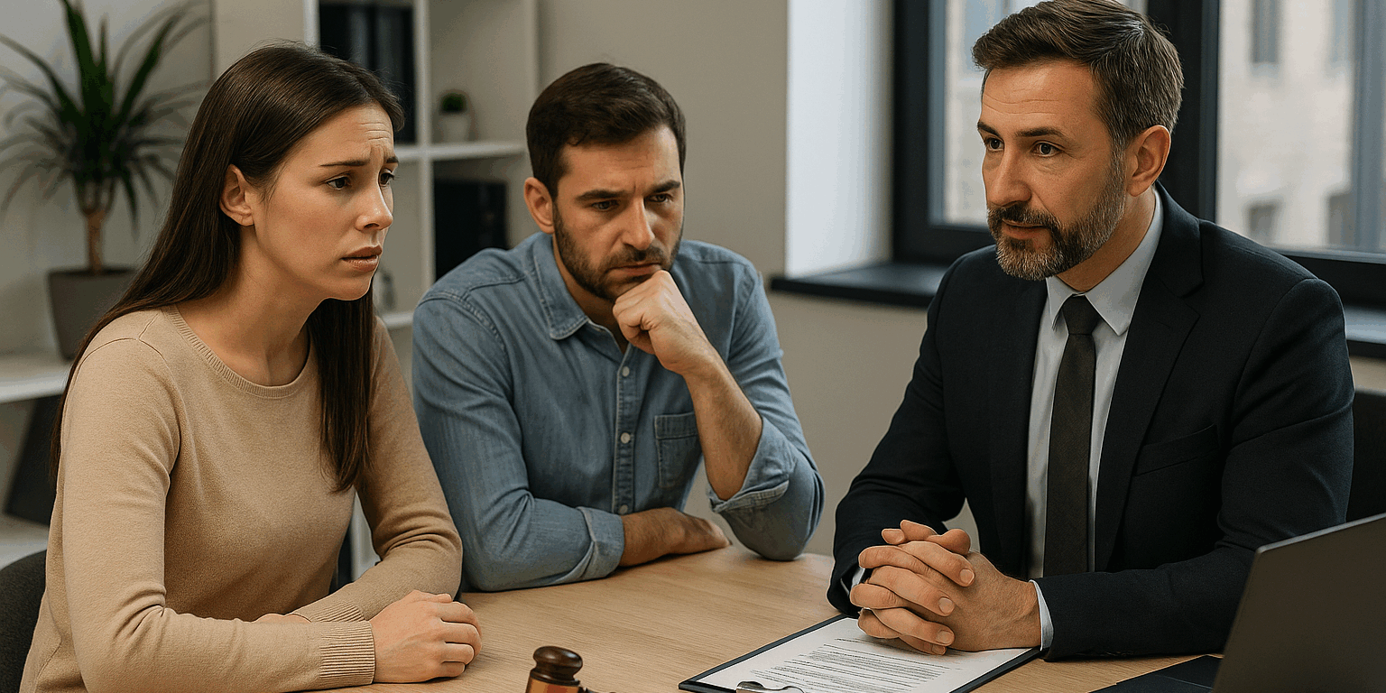 Worried couple consulting with a lawyer in an office, with legal documents and gavel on the table