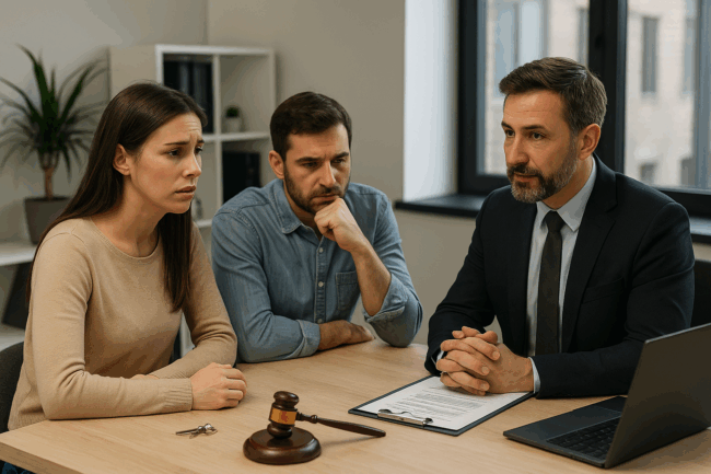 Worried couple consulting with a lawyer in an office, with legal documents and gavel on the table