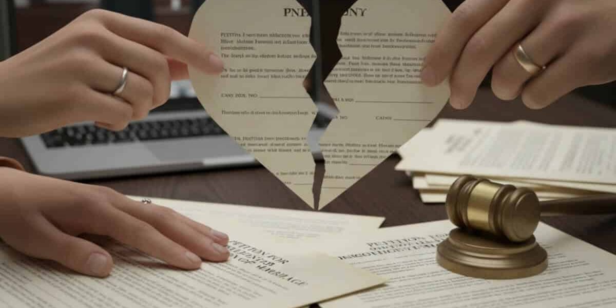 Hands tearing divorce papers near gavel.