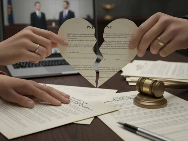 Hands tearing divorce papers near gavel.