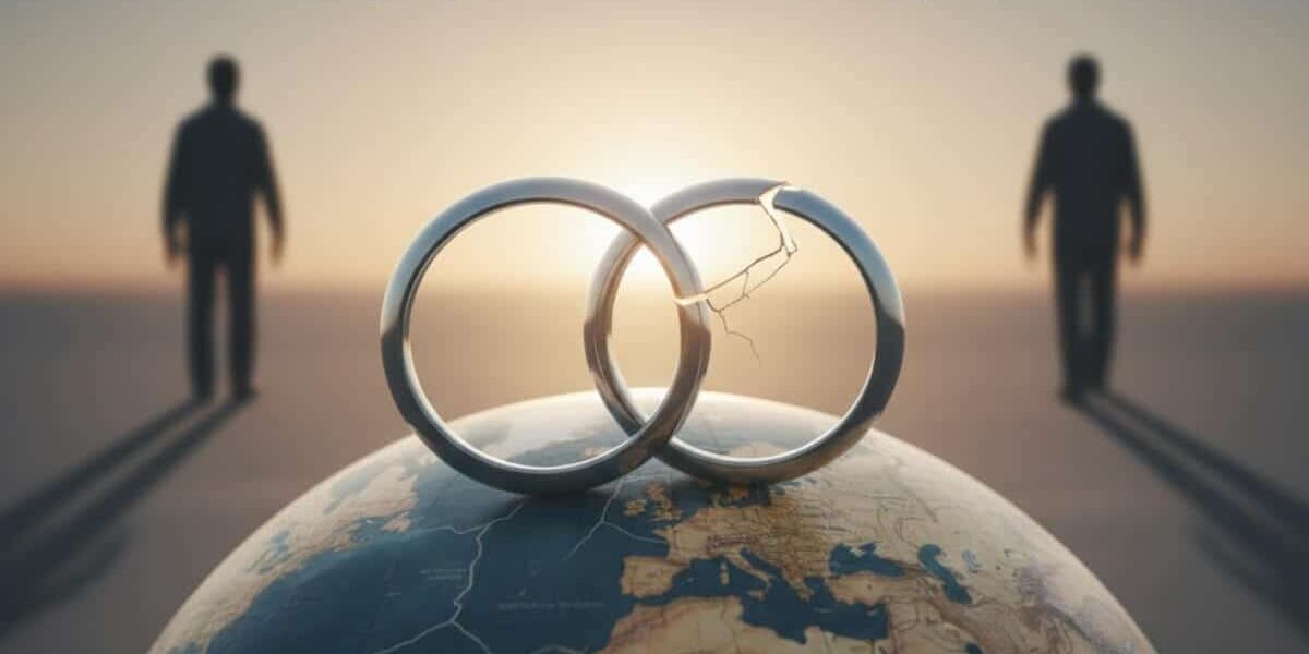 Broken rings on globe with silhouettes, text.