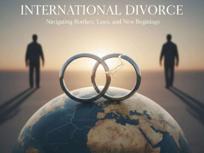 Broken rings on globe with silhouettes, text.