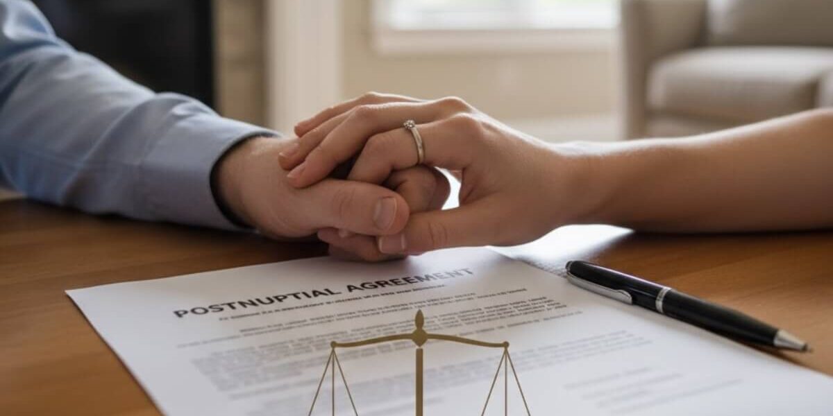 Couple holding hands over postnuptial agreement.