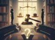 Silhouettes facing scales, gavel, and question mark.