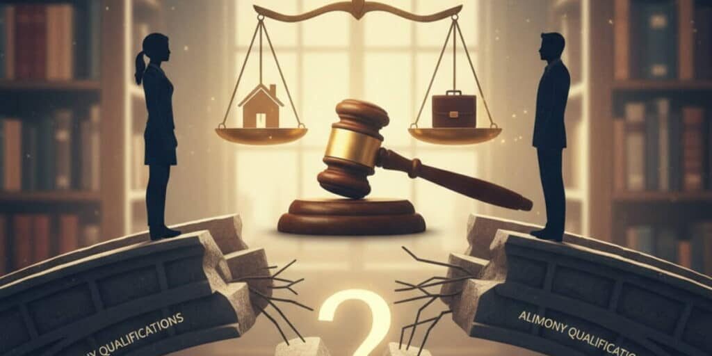 Scales of justice, gavel, and divided bridge.